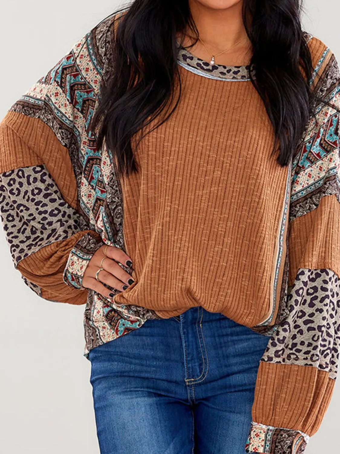 Leopard Round Neck Long Sleeve Sweatshirt🔴🟠