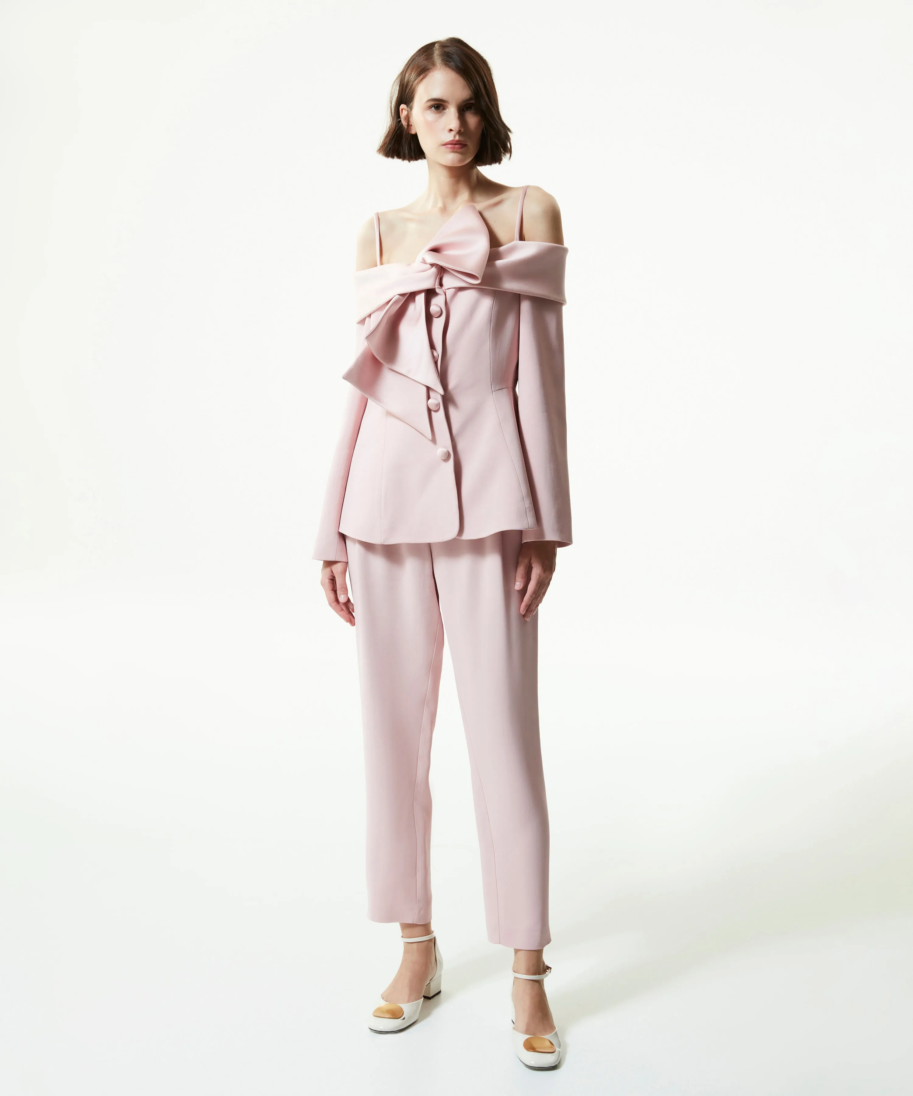 Machka Satin Duchess Garni Jacket With Bow Powder