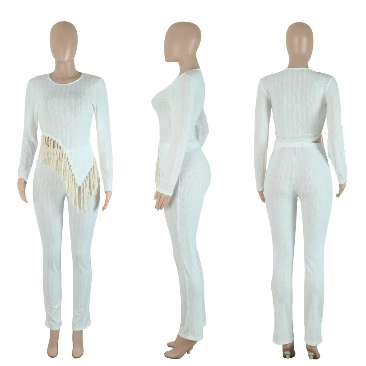 MB FASHION Textured Two-Piece Set with Fringe Detail 2 PCS SET 8425LY