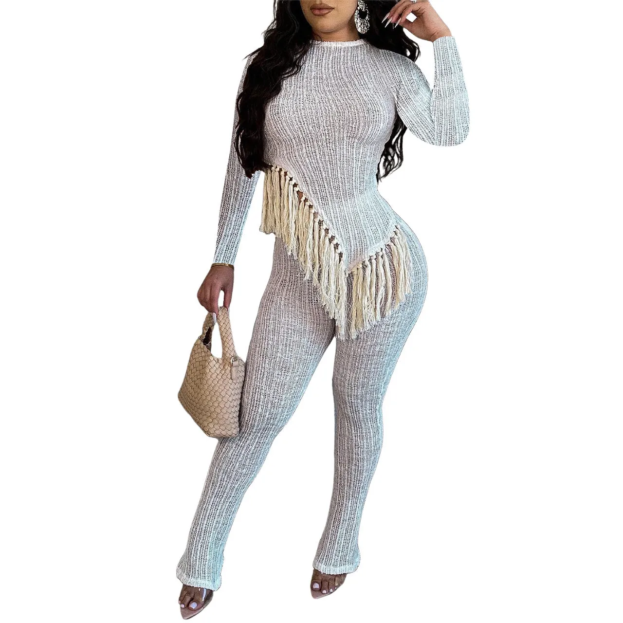 MB FASHION Textured Two-Piece Set with Fringe Detail 2 PCS SET 8425LY