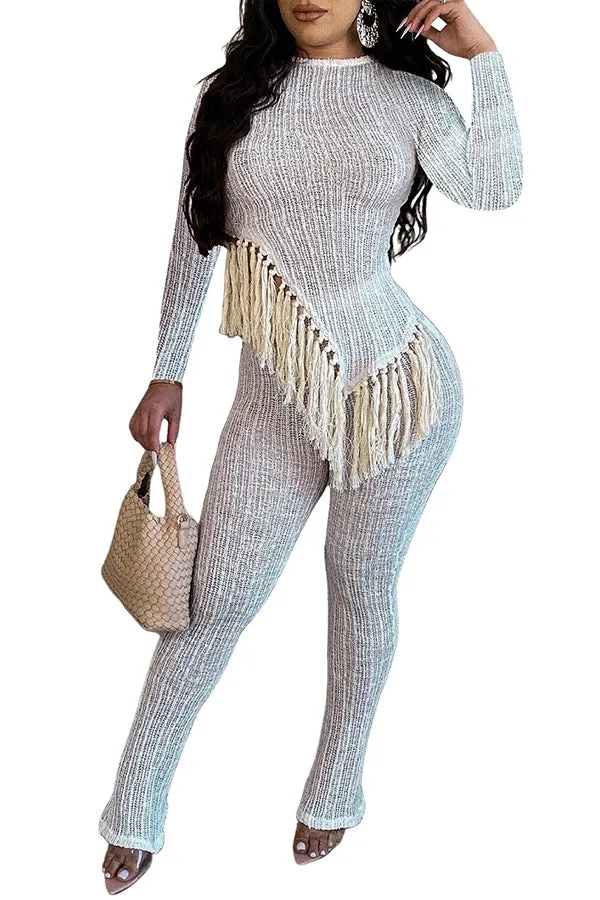 MB FASHION Textured Two-Piece Set with Fringe Detail 2 PCS SET 8425LY