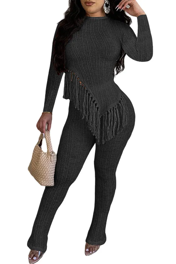 MB FASHION Textured Two-Piece Set with Fringe Detail 2 PCS SET 8425LY