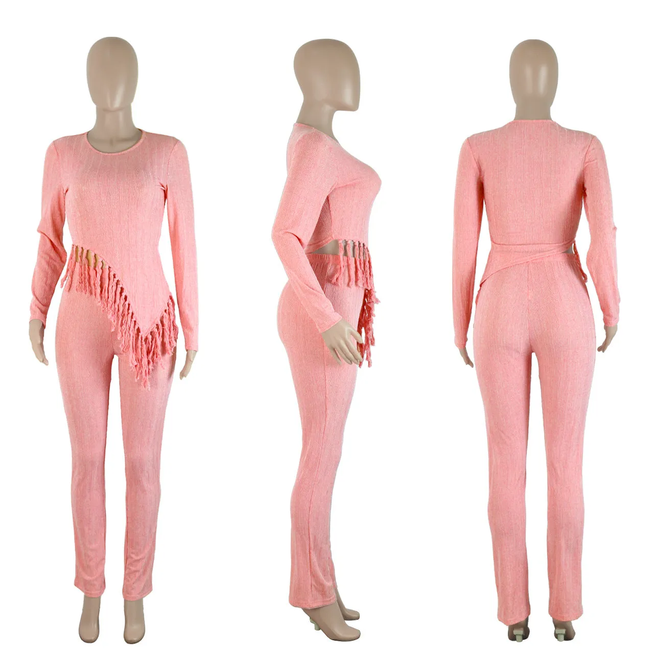 MB FASHION Textured Two-Piece Set with Fringe Detail 2 PCS SET 8425LY