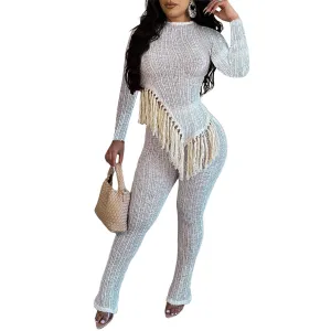 MB FASHION Textured Two-Piece Set with Fringe Detail 2 PCS SET 8425LY