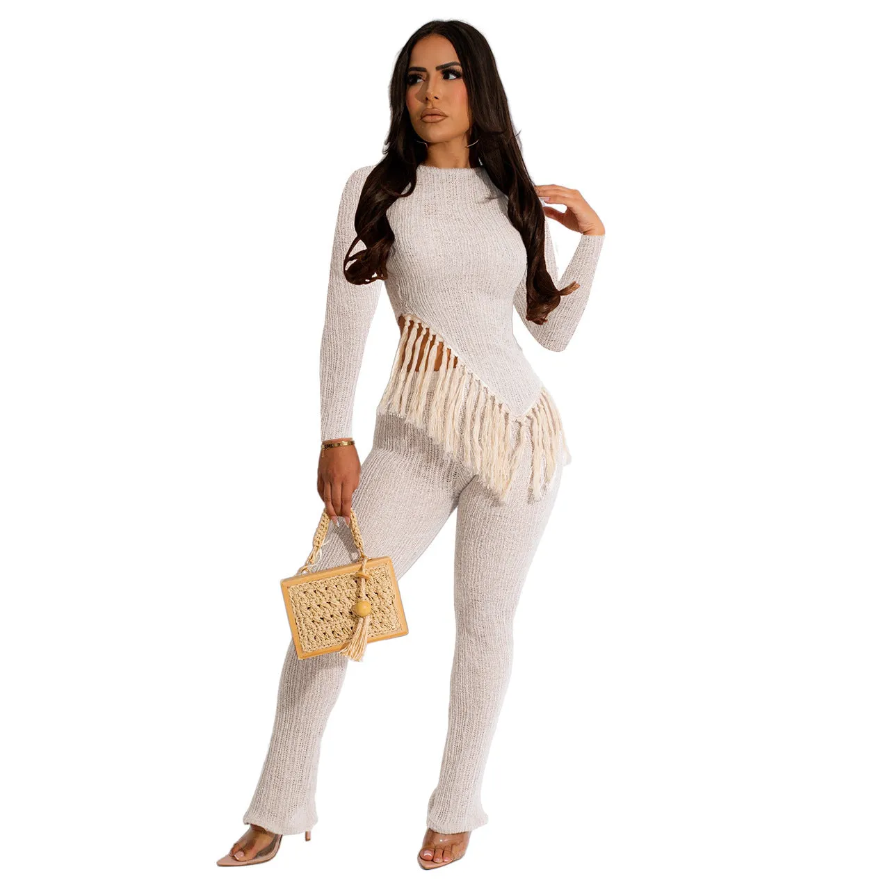 MB FASHION Textured Two-Piece Set with Fringe Detail 2 PCS SET 8425LY