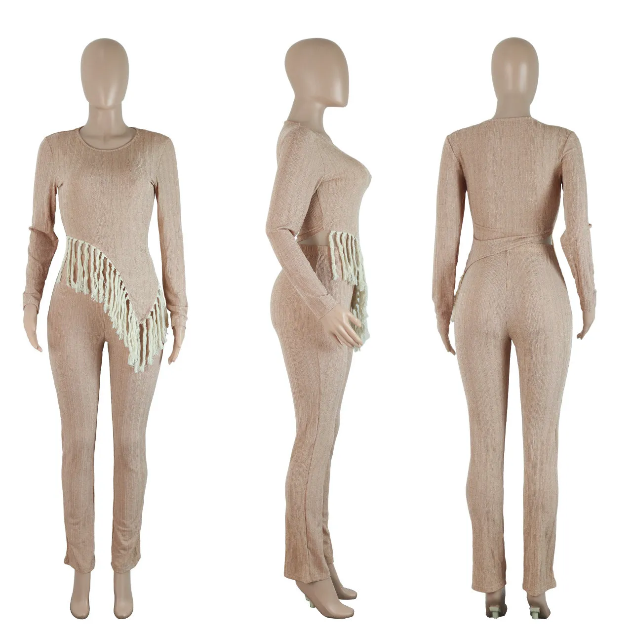 MB FASHION Textured Two-Piece Set with Fringe Detail 2 PCS SET 8425LY
