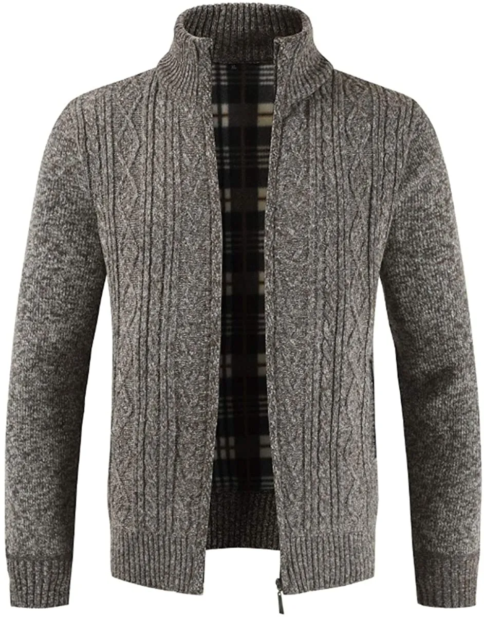 Mens Knitted Cardigan Thick Sweater Full Zip Stand Collar Warm Jumper Fleece Lined Winter Coat
