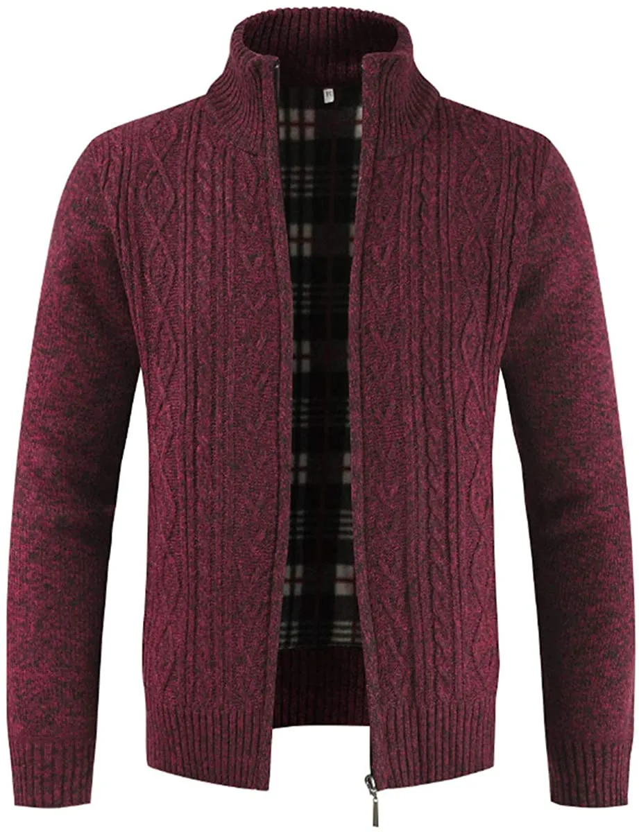 Mens Knitted Cardigan Thick Sweater Full Zip Stand Collar Warm Jumper Fleece Lined Winter Coat