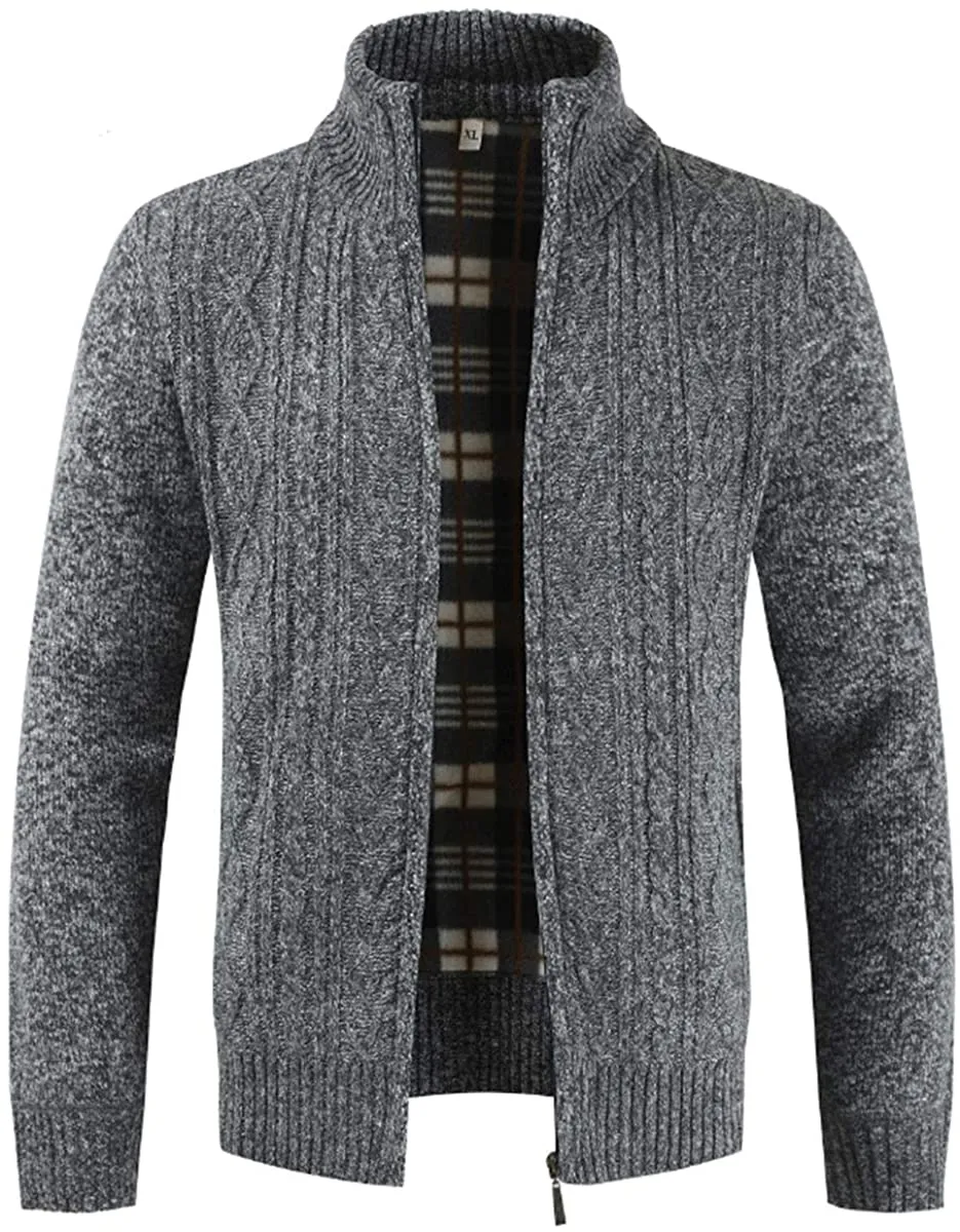 Mens Knitted Cardigan Thick Sweater Full Zip Stand Collar Warm Jumper Fleece Lined Winter Coat