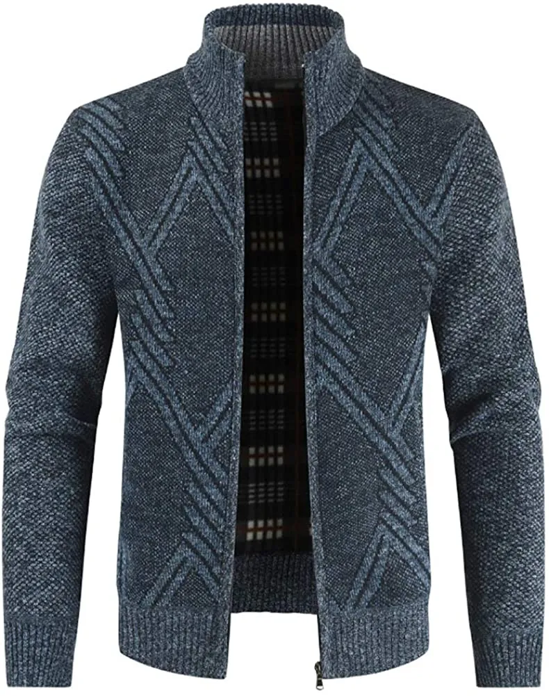 Mens Knitted Cardigan Thick Sweater Full Zip Stand Collar Warm Jumper Fleece Lined Winter Coat