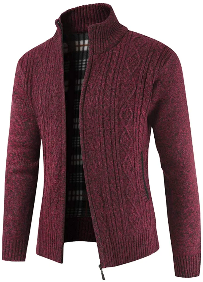 Mens Knitted Cardigan Thick Sweater Full Zip Stand Collar Warm Jumper Fleece Lined Winter Coat