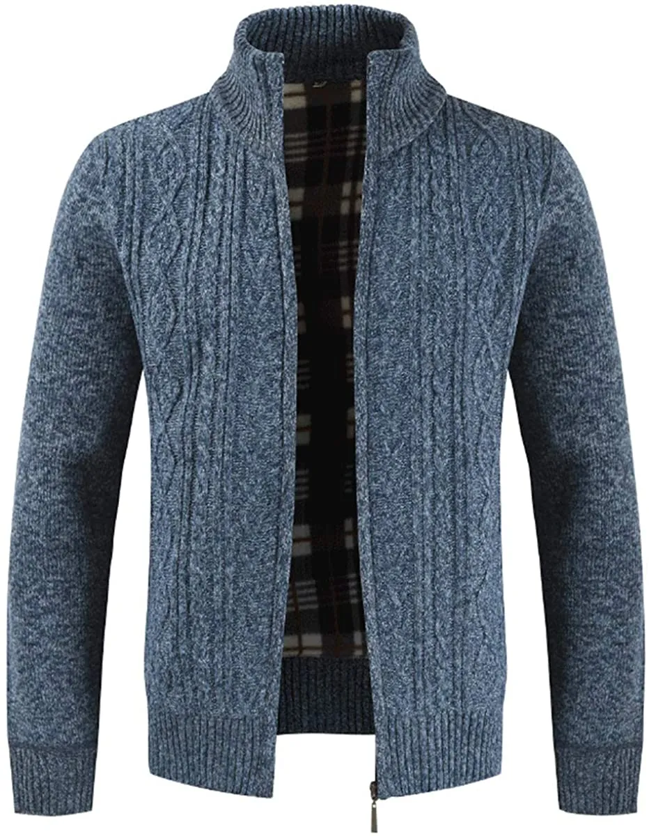 Mens Knitted Cardigan Thick Sweater Full Zip Stand Collar Warm Jumper Fleece Lined Winter Coat