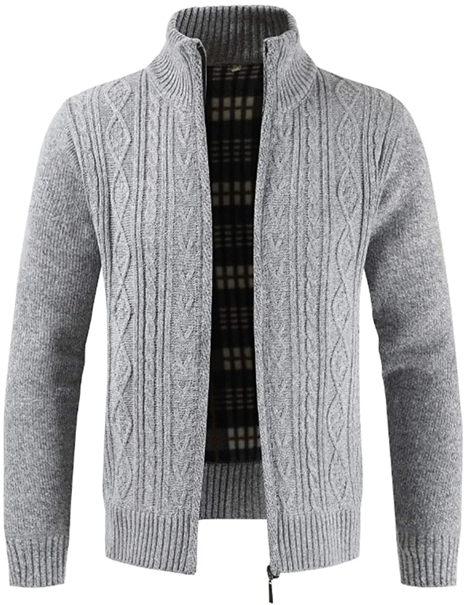Mens Knitted Cardigan Thick Sweater Full Zip Stand Collar Warm Jumper Fleece Lined Winter Coat