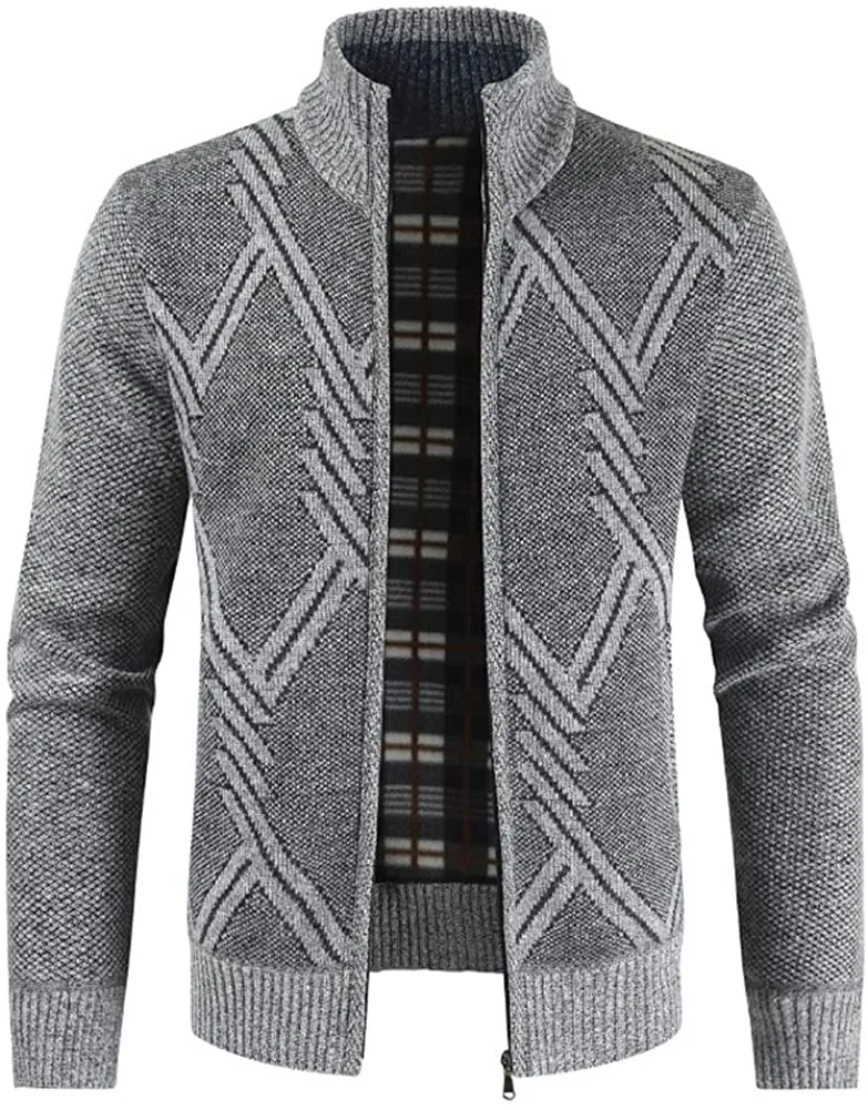 Mens Knitted Cardigan Thick Sweater Full Zip Stand Collar Warm Jumper Fleece Lined Winter Coat