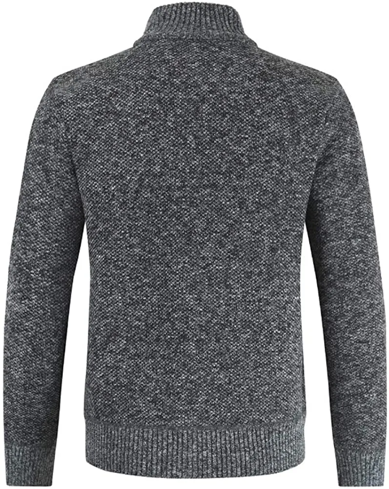 Mens Knitted Cardigan Thick Sweater Full Zip Stand Collar Warm Jumper Fleece Lined Winter Coat