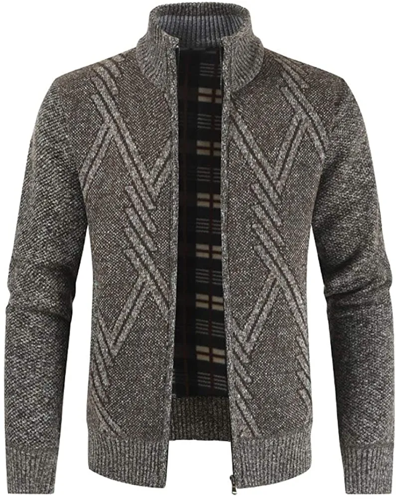Mens Knitted Cardigan Thick Sweater Full Zip Stand Collar Warm Jumper Fleece Lined Winter Coat