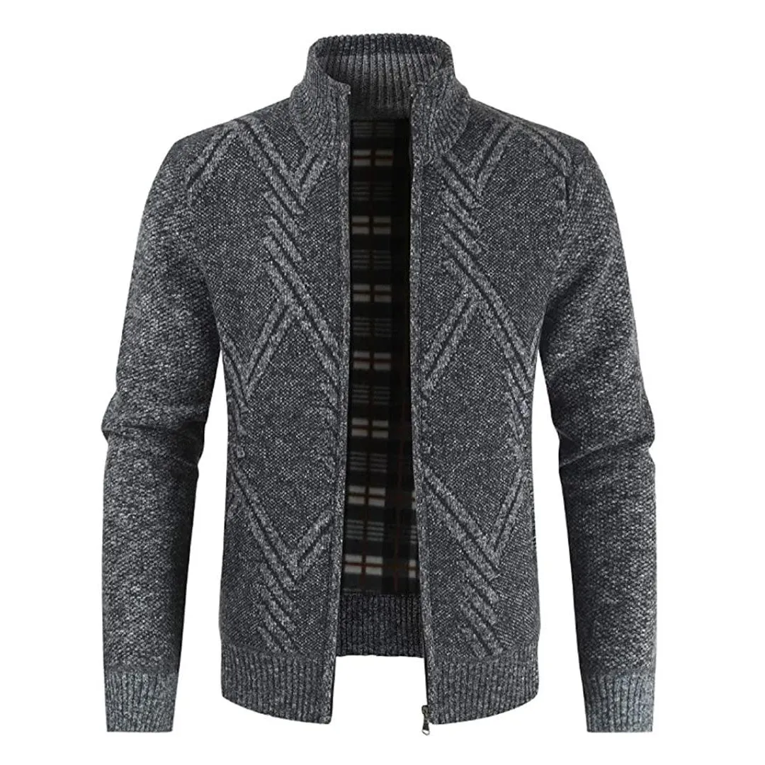 Mens Knitted Cardigan Thick Sweater Full Zip Stand Collar Warm Jumper Fleece Lined Winter Coat