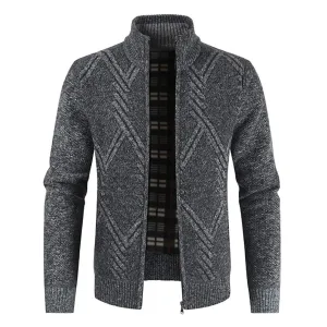 Mens Knitted Cardigan Thick Sweater Full Zip Stand Collar Warm Jumper Fleece Lined Winter Coat