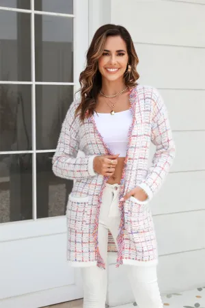 Olivia Plaid Fringe Trim Open Front Longline Cardigan