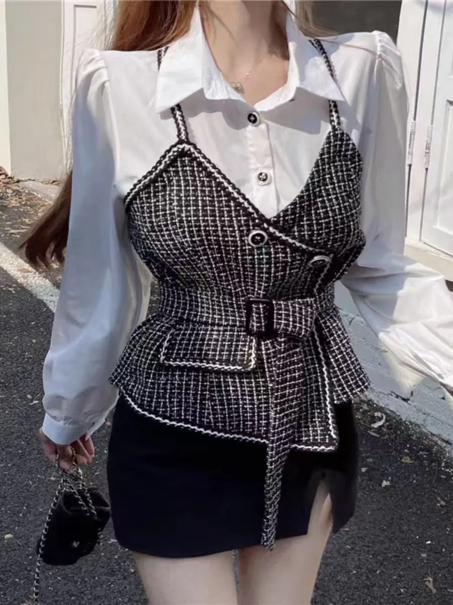 Pankh Nokie Woolen High Fashion Tweed Shirt and Belt Set