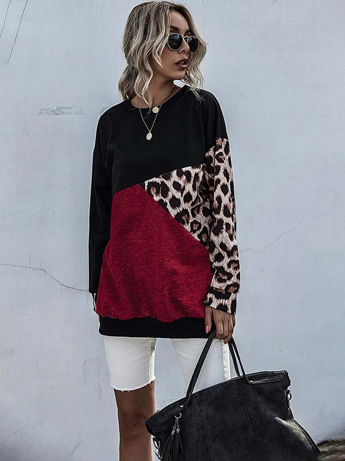 Perfee Sweatshirt Leopard Contrast Long Sleeve Tops