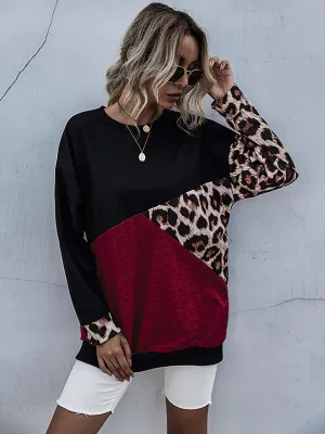 Perfee Sweatshirt Leopard Contrast Long Sleeve Tops
