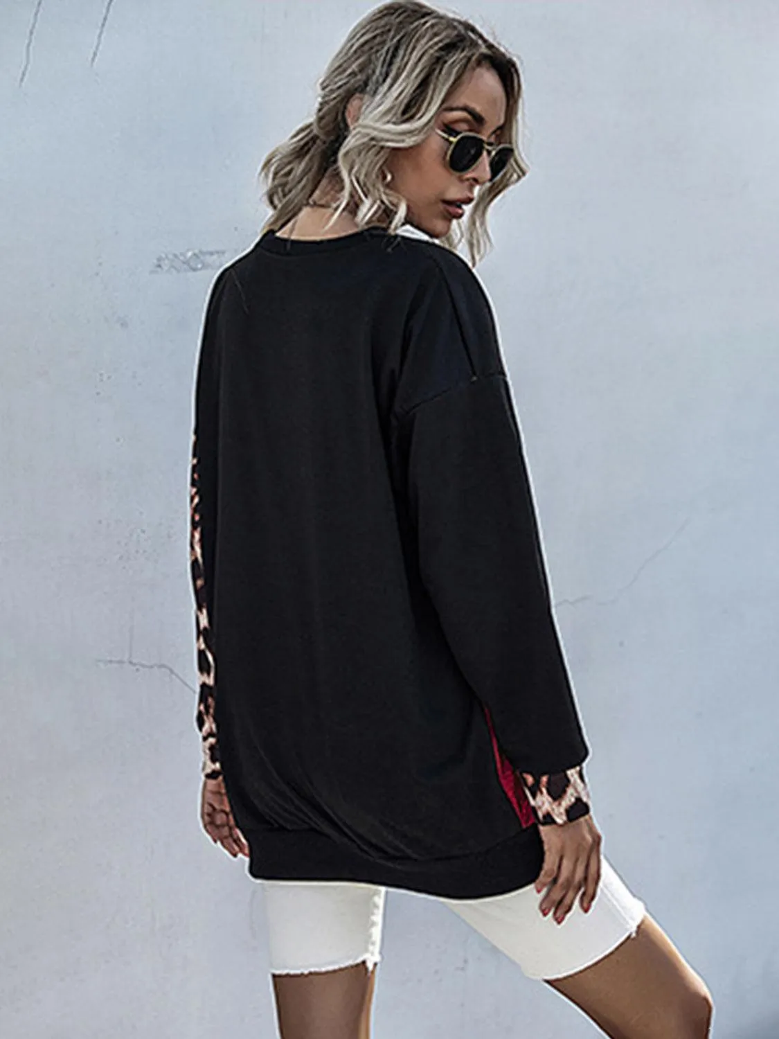 Perfee Sweatshirt Leopard Contrast Long Sleeve Tops