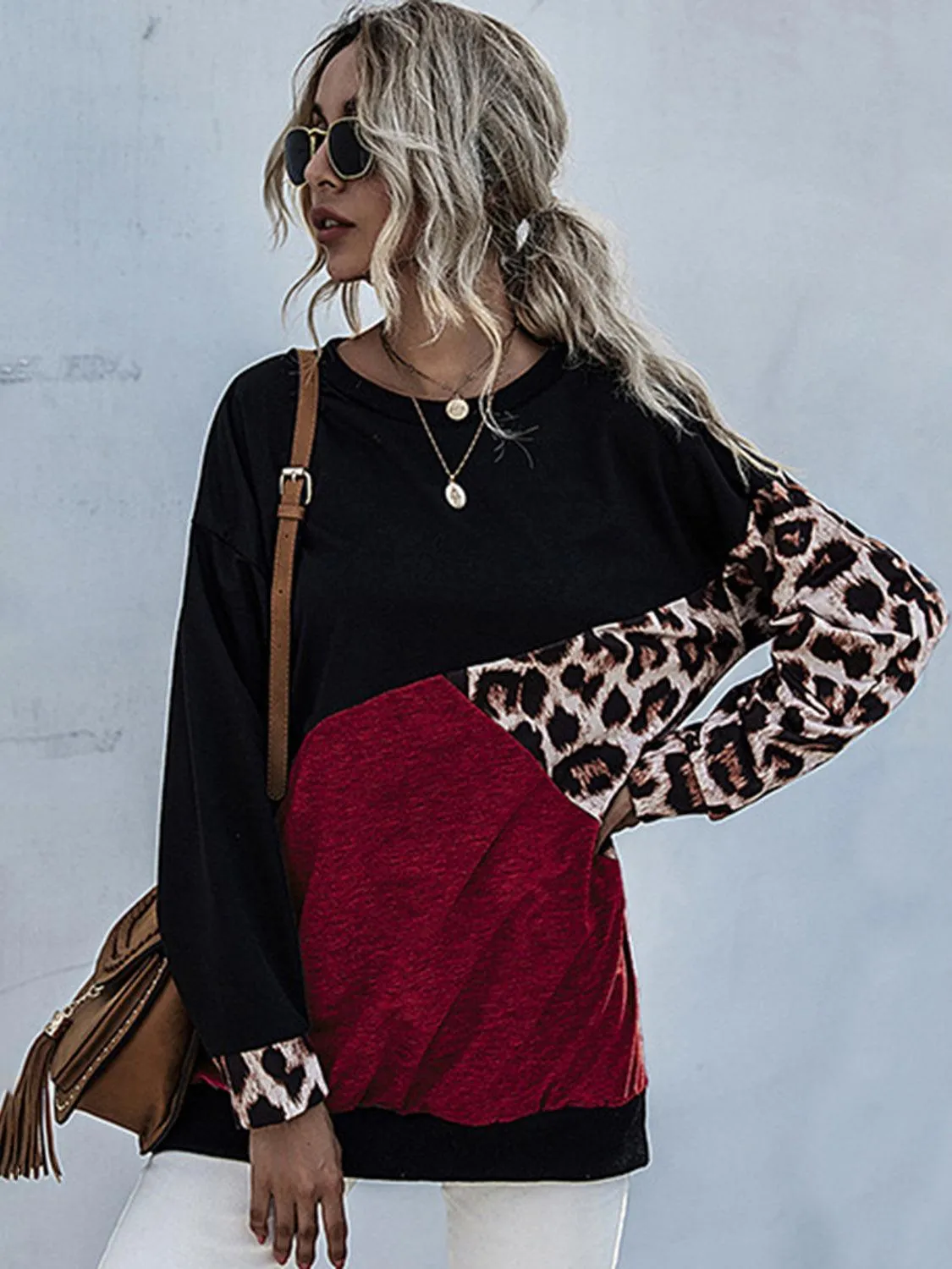 Perfee Sweatshirt Leopard Contrast Long Sleeve Tops