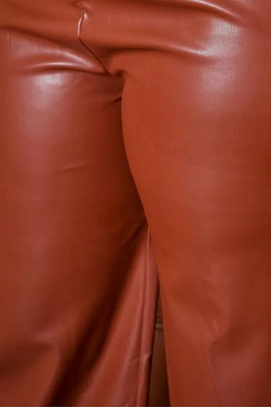 Plus Size PU Leather Slit Waist Hem Pants