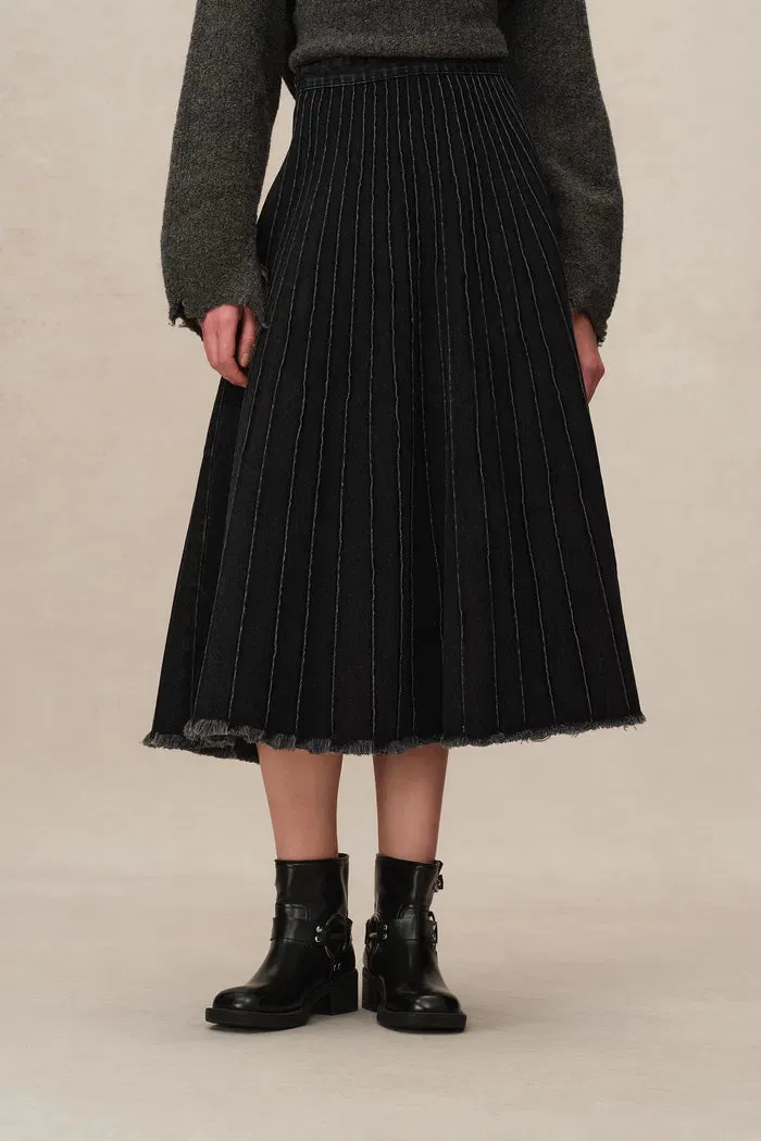 Silas A-Line Midi Skirt in Washed Cotton Denim