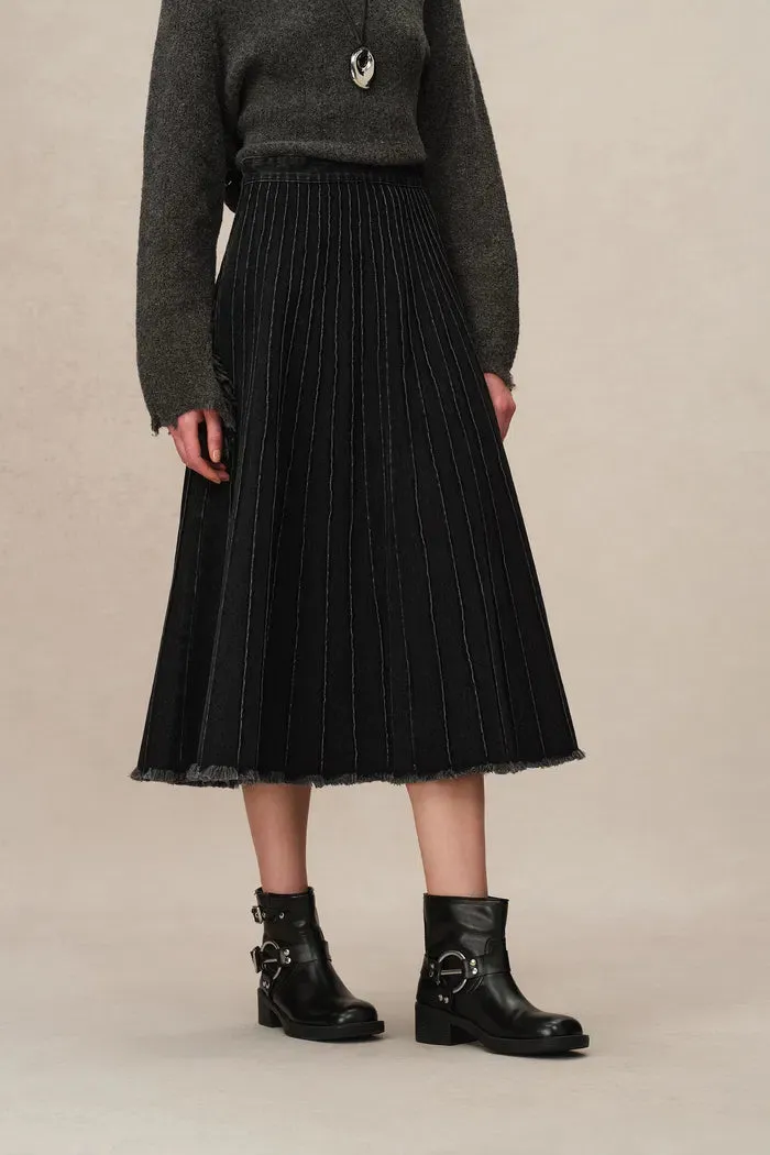Silas A-Line Midi Skirt in Washed Cotton Denim