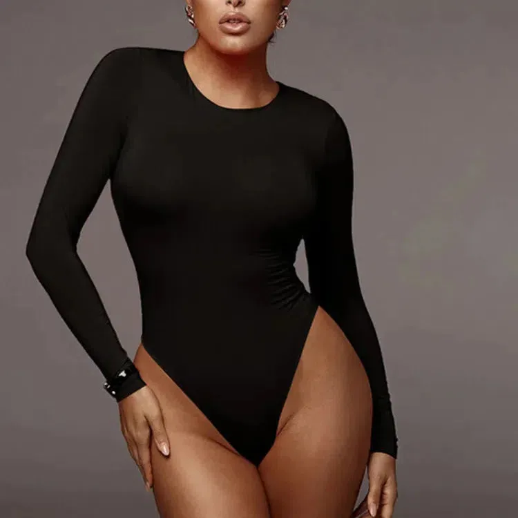 Sleek Solid White Long Sleeve Bodysuit for Women - Chic Autumn & Winter Streetwear Top