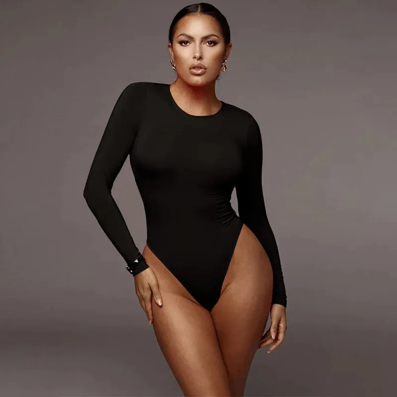 Sleek Solid White Long Sleeve Bodysuit for Women - Chic Autumn & Winter Streetwear Top