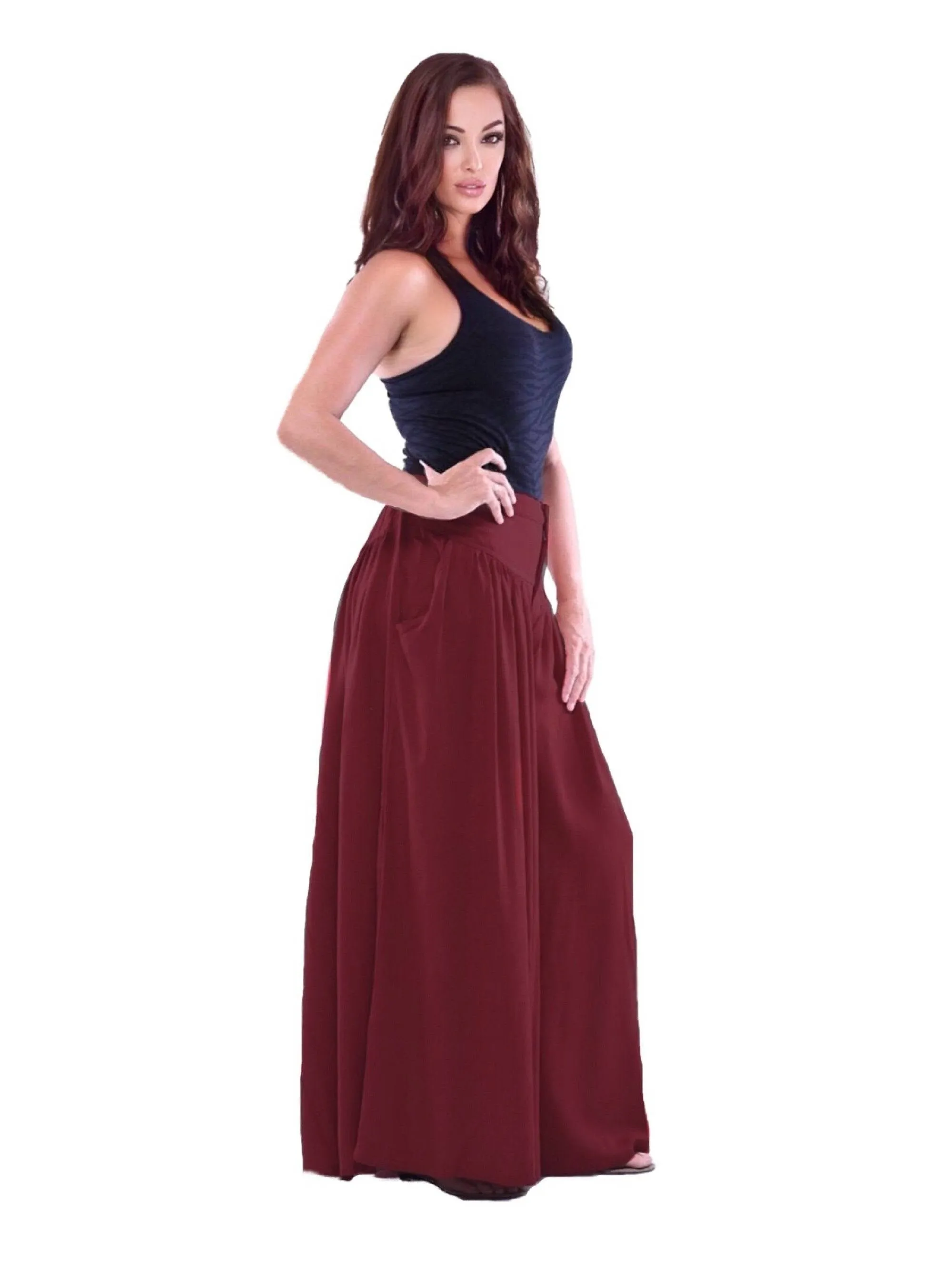 Split Skirt Palazzo Pants with Pockets, Elastic Back and Wide Leg