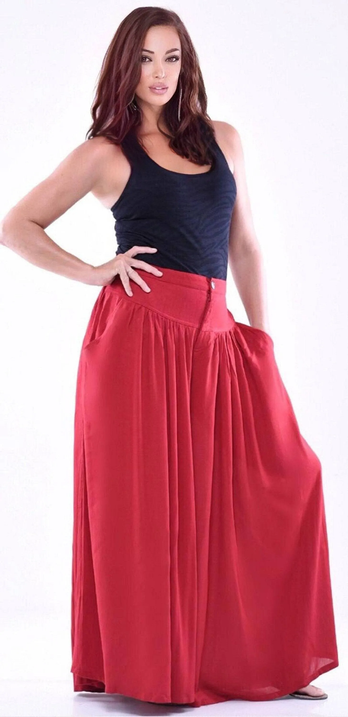 Split Skirt Palazzo Pants with Pockets, Elastic Back and Wide Leg