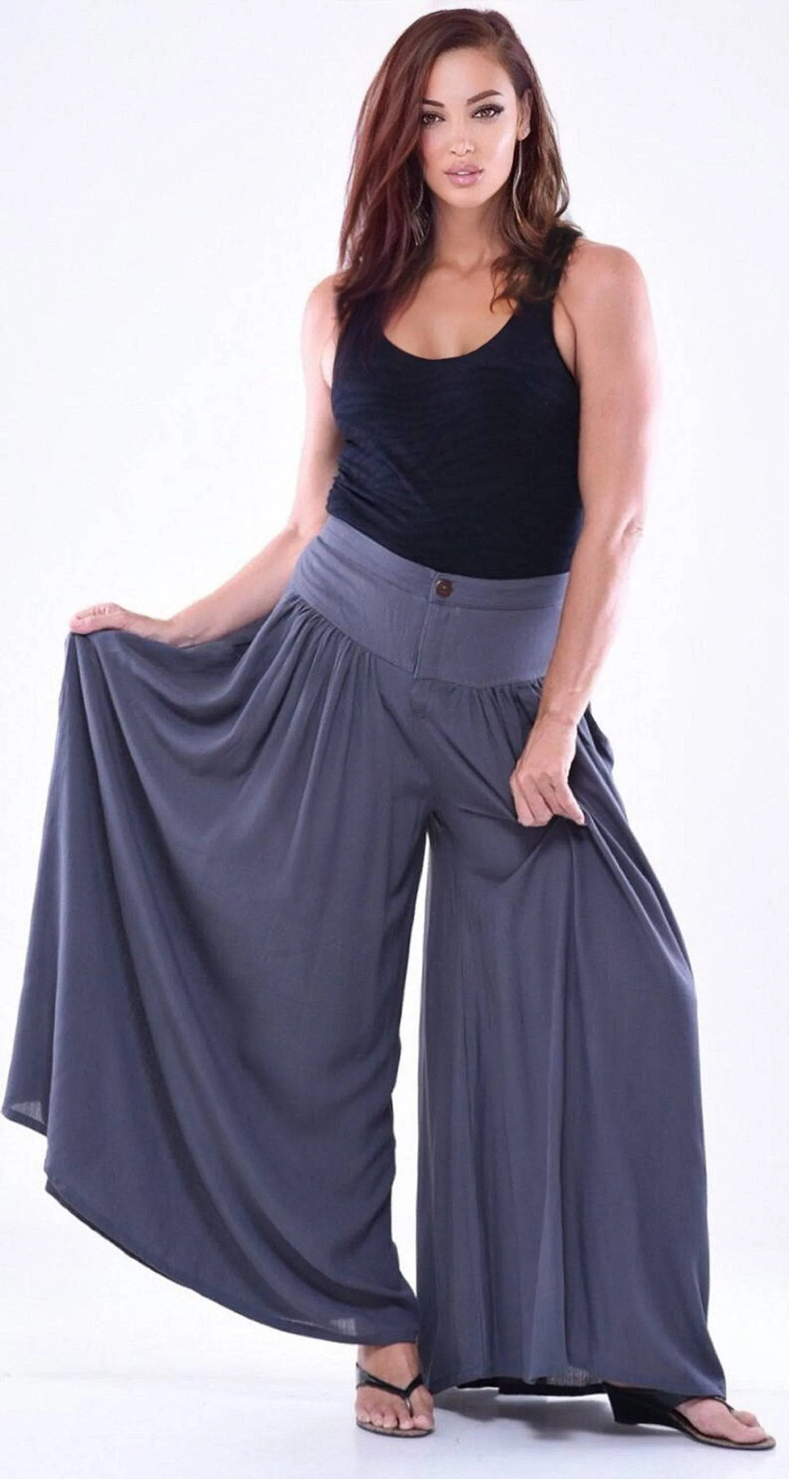 Split Skirt Palazzo Pants with Pockets, Elastic Back and Wide Leg
