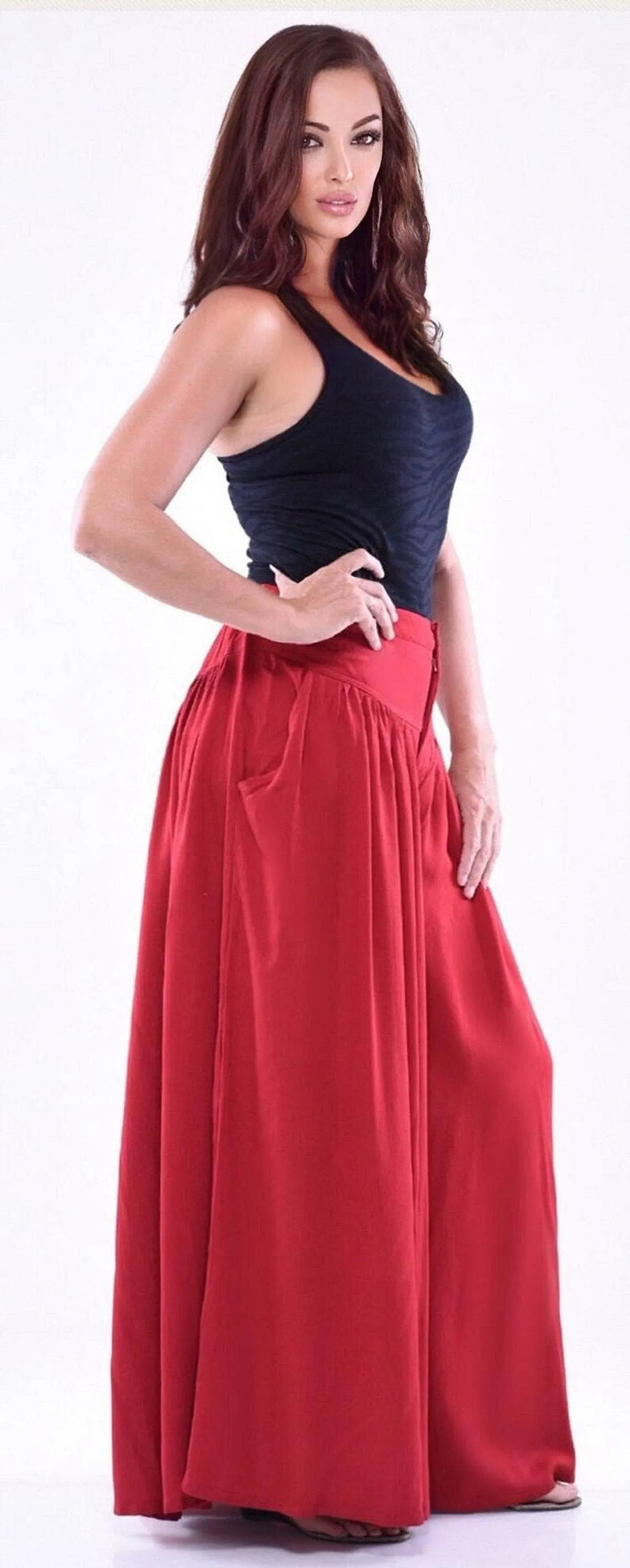 Split Skirt Palazzo Pants with Pockets, Elastic Back and Wide Leg