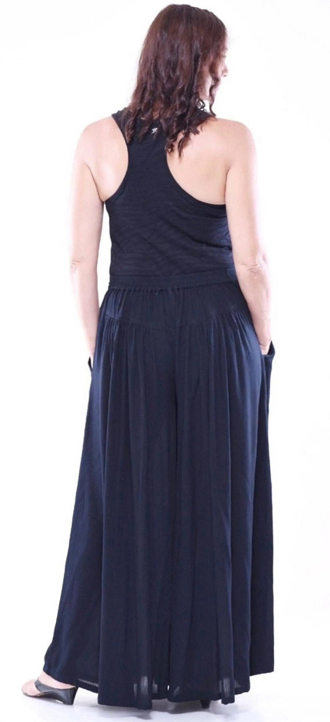 Split Skirt Palazzo Pants with Pockets, Elastic Back and Wide Leg