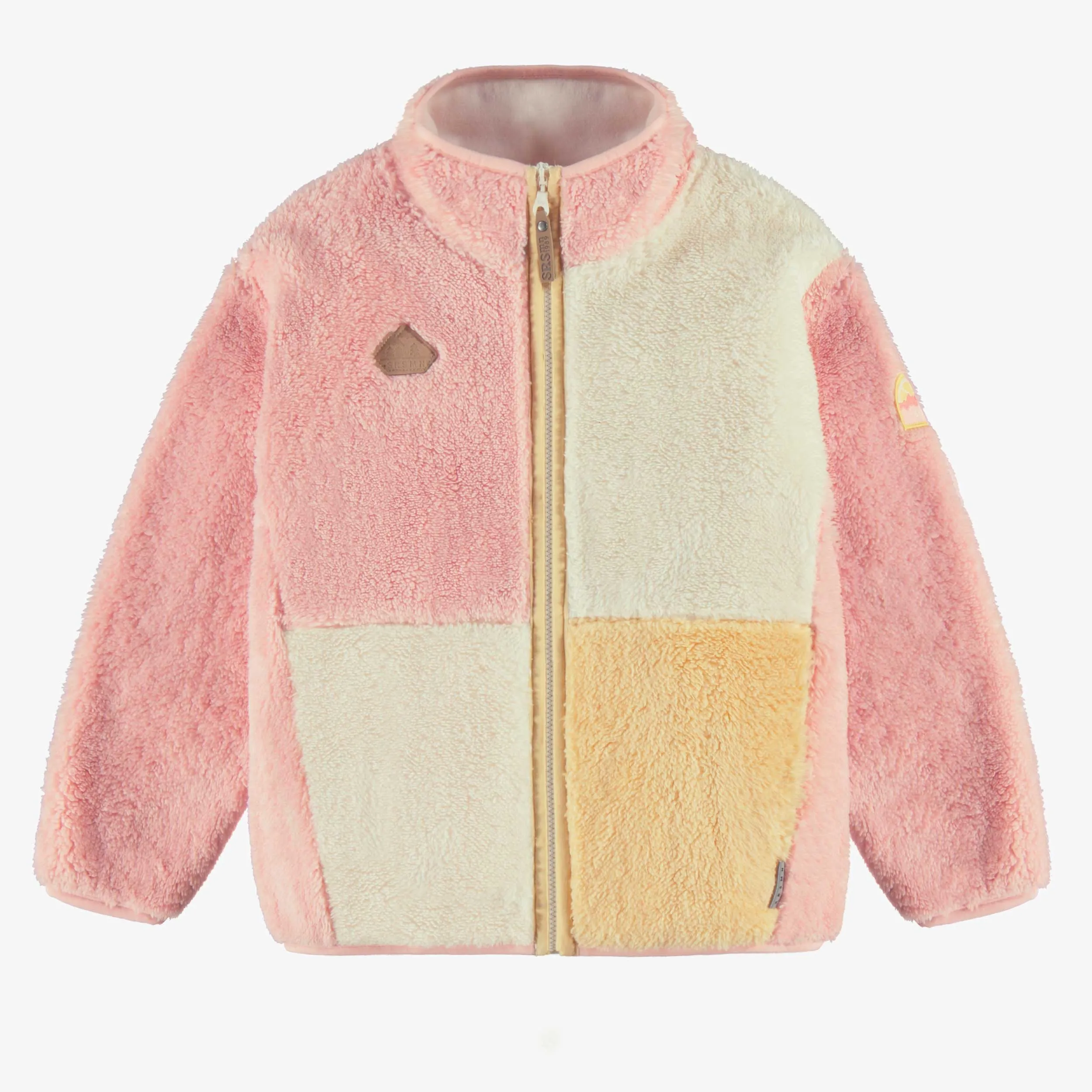 Veste en peluche rose avec blocs de couleur, enfant || Pink plush jacket with color blocks, child