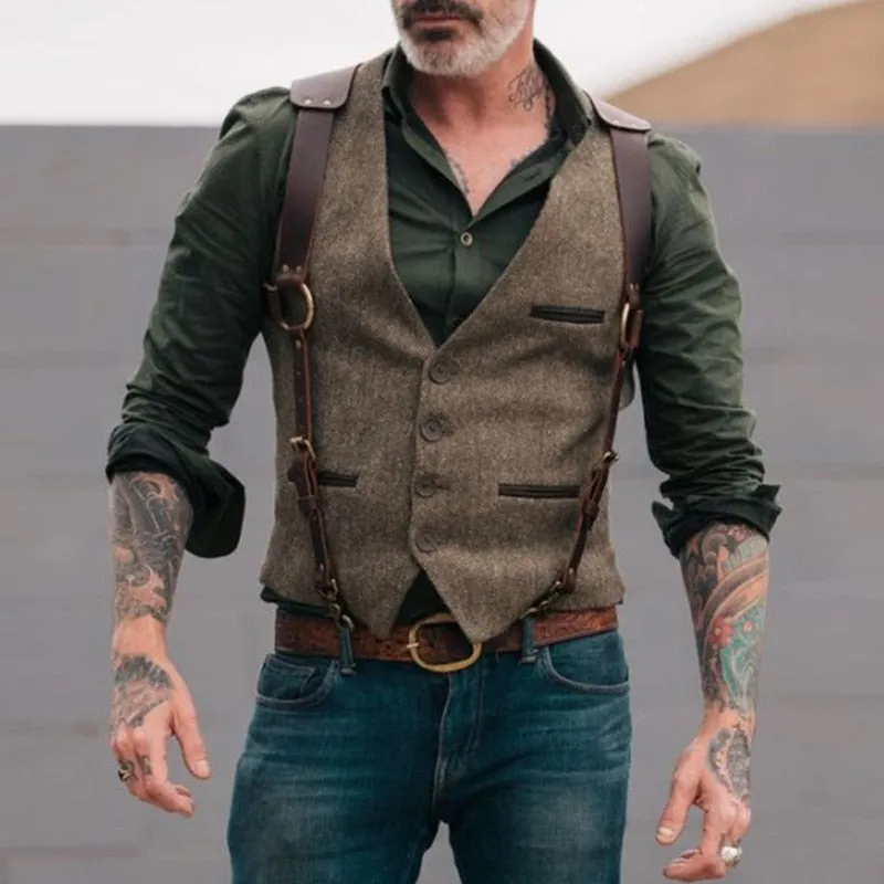 Wool Tweed Men Suit Vests Waistcoat with Leather Slim Fit Men Gilet
