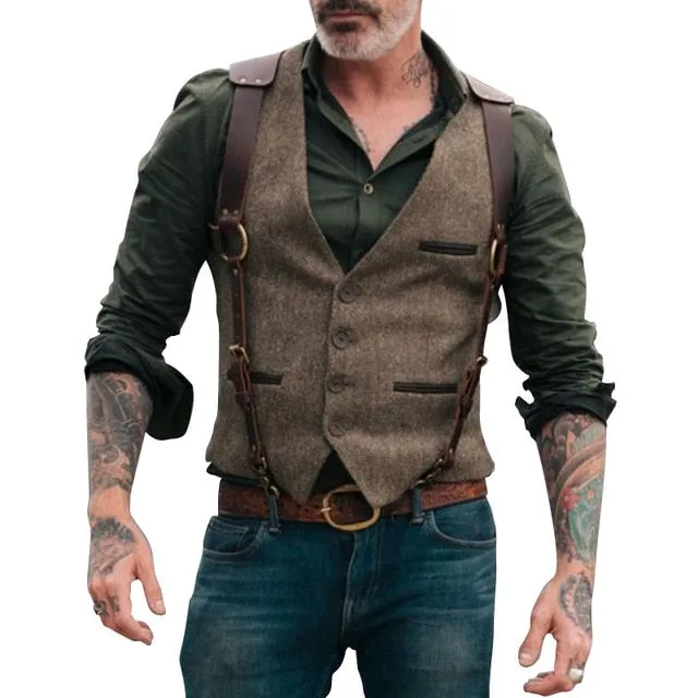 Wool Tweed Men Suit Vests Waistcoat with Leather Slim Fit Men Gilet