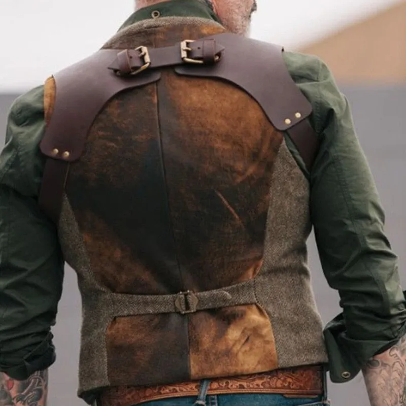 Wool Tweed Men Suit Vests Waistcoat with Leather Slim Fit Men Gilet